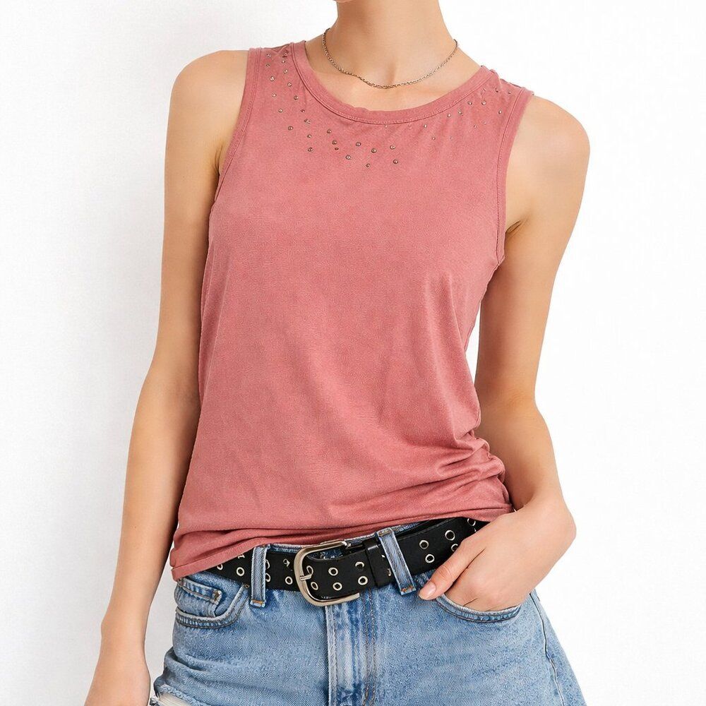 True Craft NEW Coral Distressed Tank Top Bronze Stud Boho Detail Sleeveless M